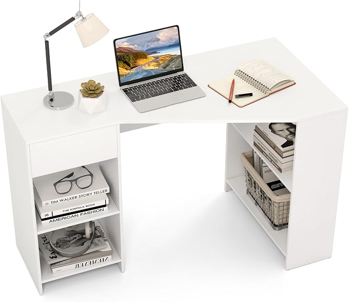 Tangkula White Desk with Storage Drawer & 4 Shelves, Space Saving Corner Desk for Small Spaces, Modern Home Office Laptop Workstation, Writing Study Table, Vanity Table for Bedroom (White)