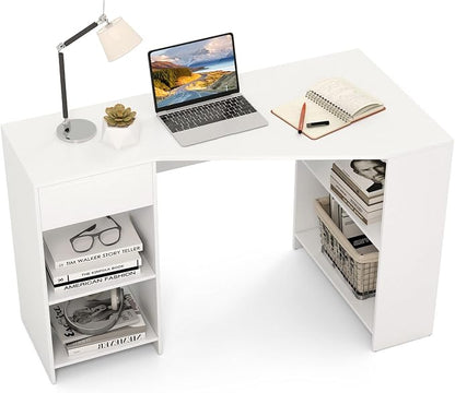 Tangkula White Desk with Storage Drawer & 4 Shelves, Space Saving Corner Desk for Small Spaces, Modern Home Office Laptop Workstation, Writing Study Table, Vanity Table for Bedroom (White)