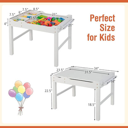 Costzon Kids Table, 3 in 1 Wood Building Block Desk w/Storage, Paper Roll, Reversible Tabletop for Toddler Arts, Crafts, Drawing, Reading, Playing, Gift for Boys Girls, Activity Table (White)