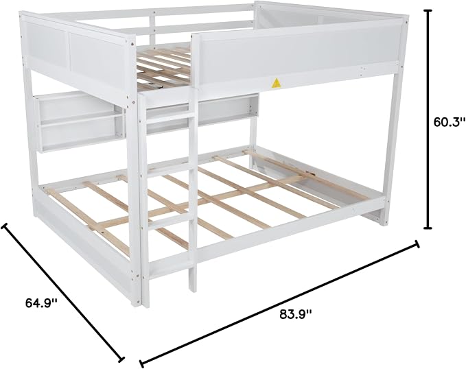 RUNNA Queen Over Queen Bunk Bed with Storage,Charging Station,White | Queen over queen bunk bed with storage cabinets,USB,solid wood frame,guardrails,no box spring needed,space saving, white