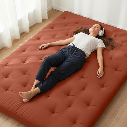 ZonLi Japanese Floor Futon Mattress King Size 76"x 80",100% Cotton Cover 4'' Thicken Tatami Mattress,Foldable Sleeping Pad,Portable Dormitory Tatami Mat,Roll Up Floor Lounger Bed for Adult (Cinnamon)
