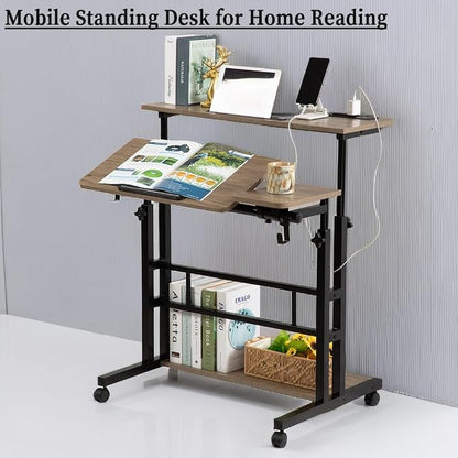 Hadulcet Rolling Stand Up Desk Adjustable Height - Portable Standing Desk with Wheels & Charging Station, Mobile Laptop Desk Small Standing Desk Drawing Table, Grey
