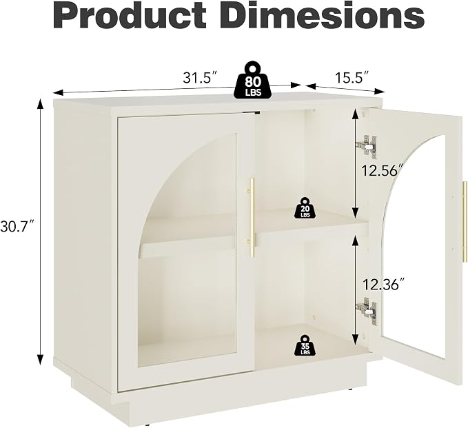 Fatmok Arched Glass Sideboard Buffet Accent Cabinet, 31.5" Display Credenza with Adjustable Shelf,3-Piece Modular Coffee Station Storage for Kitchen Living Room Bedroom, Beige(Not White)