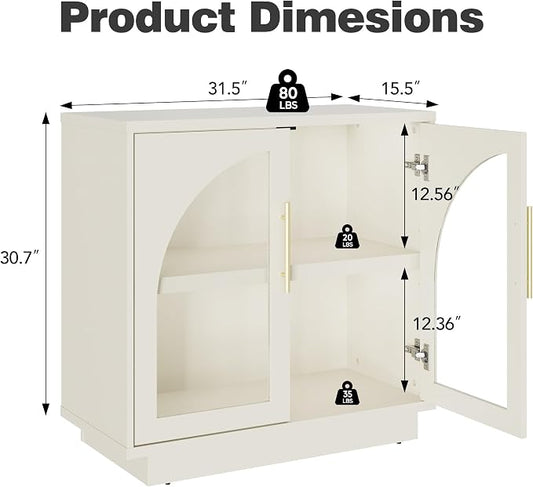 Fatmok Arched Glass Sideboard Buffet Accent Cabinet, 31.5" Display Credenza with Adjustable Shelf,3-Piece Modular Coffee Station Storage for Kitchen Living Room Bedroom, Beige(Not White)