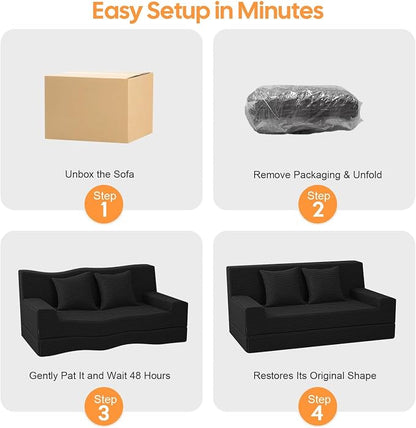 MeMoreCool Folding Sofa Bed Boneless Couch, 59" Loveseat Convertible Futon, Corduroy Foldable 2-in-1 Floor Sleeper for Small Living Room, Apartment, Guest Room, Foam Support & Washable Cover, Black