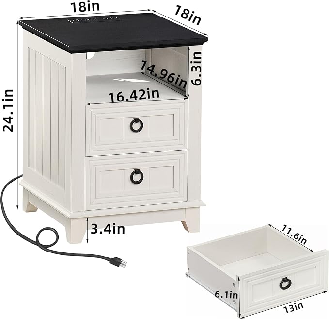 Joaxswe 18" Farmhouse Night Stand with Charging Station, 2 Drawers End Table Dresser for Bedroom, White Wooden Nightstand, Bed Side Table with Open Shelf, Bedside Cabinet for Living Room, Closet