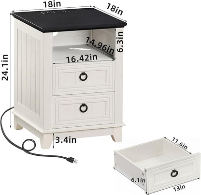 Joaxswe 18" Farmhouse Night Stand with Charging Station, 2 Drawers End Table Dresser for Bedroom, White Wooden Nightstand, Bed Side Table with Open Shelf, Bedside Cabinet for Living Room, Closet