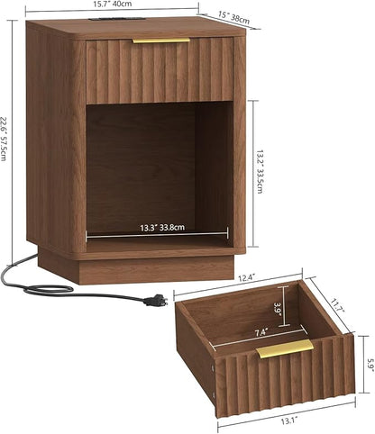 Akxomel Fluted Nightstands Set of 2, Wooden Night Stand with Charging Station and LED Light, Modern Mid Century End Table with Drawer, 15" D x 15.7" W x 22.6" H, for Bedroom, Walnut