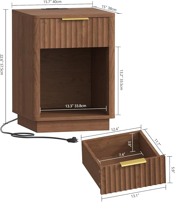 Akxomel Fluted Nightstand, Wooden Night Stand with Charging Station and LED Light, Modern Mid Century End Table with Drawer, 15" D x 15.7" W x 22.6" H, for Bedroom, Walnut