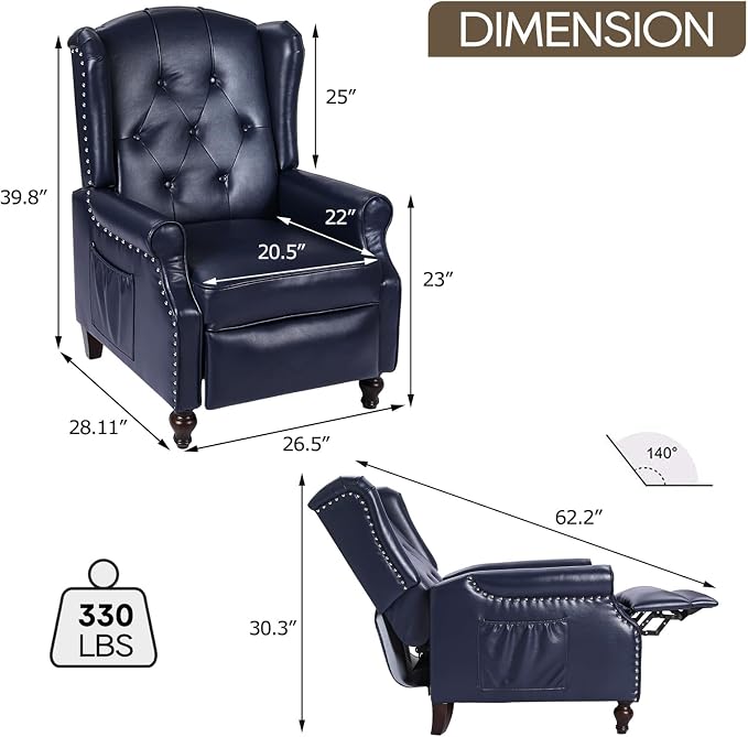 Wingback Recliner Chair with Massage and Heat PU Leather Push Back Arm Chair, Recliner Chair for Living Room Bedroom Home Theater (2, Navy Blue)