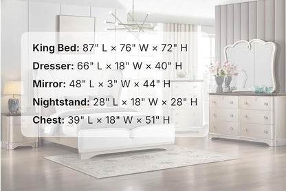 First of a Kind Rose Soft Champagne Finish Traditional 5 Piece King Bedroom Set with Upholstered Tufted Headboard Ornate European Style Coordinated Furniture Collection