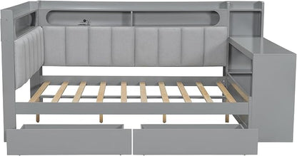 Bellemave Full Size Upholstered Daybed with Desk and Drawers and USB/LED Belt, Corner Bed with Trundle, L-Shape daybed for Bedroom Living Room, Gray（Linen）