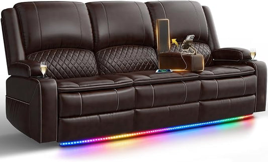 2026 Upgraded Recliner Sofa 3 Seater Couch with Recliner, Home Theater Seating with Liftable Console & Removable Armrest, Manual PU Leather Sofa Reclining with Storage & USB Ports (PU,Brown)