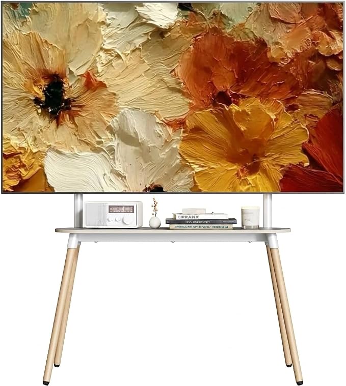 Easel Floor TV Stand with Storage for 49-86 inch TVs, Height Adjustable 4-Leg Universal TV Stand with Cable Management & Protective Pads, Holds 110 lbs for Living Room, Office, School, White