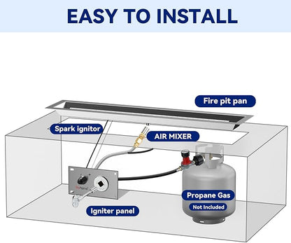 Skyflame 48 x 6 Inch Liner Fire Pit Pan Kit, Stainless Steel Drop-in Fire Pit Pan and Burner, Come with Spark Ignition and Propane Hose, Indoor/Outdoor Fire Table DIY Decorative