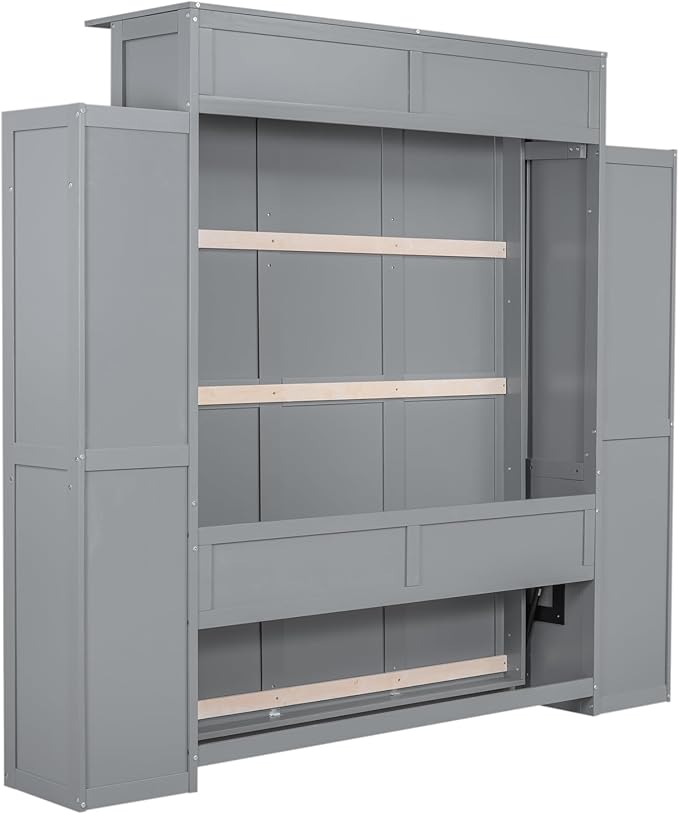 MERITLINE Queen Murphy Bed with Storage and LED Lights, Wood Grey Murphy Wall Bed Cabinet with Shelves Bookcase Bookshelf for Adults (Grey,Queen)