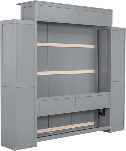 MERITLINE Queen Murphy Bed with Storage and LED Lights, Wood Grey Murphy Wall Bed Cabinet with Shelves Bookcase Bookshelf for Adults (Grey,Queen)