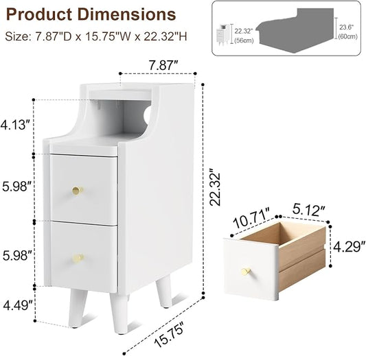 Narrow Nightstand with 2 Drawers,White Nightstand,Bedside Table,Solid Wood Modern Bedside Table for Bedroom,Study,Toilet