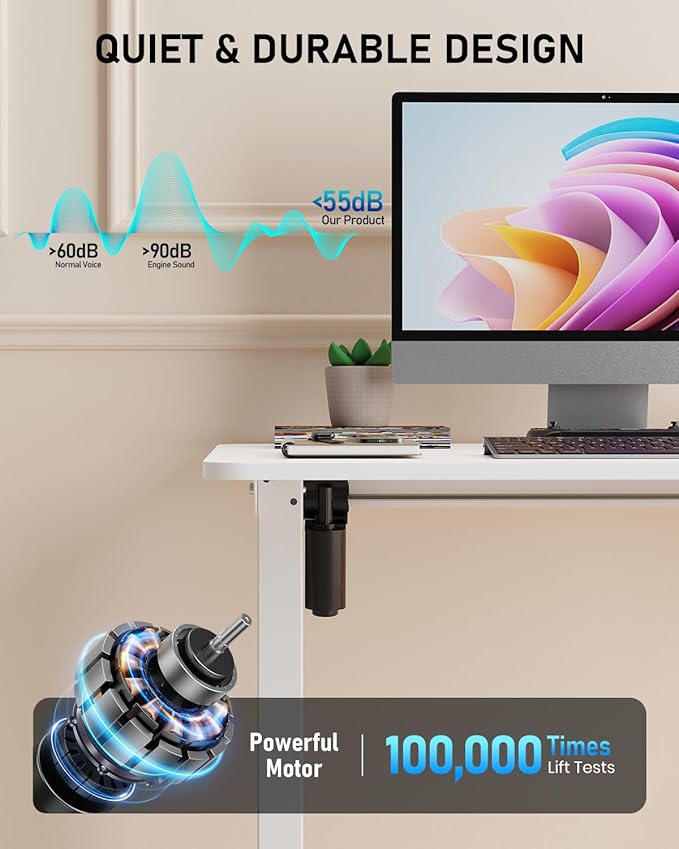 40" Electric Standing Desk Adjustable Height, Sit Stand up Desk for Home Office & Computer Workstation, 2 Memory Height Settings, Splice Board, 2 Hooks, White Frame/White Top