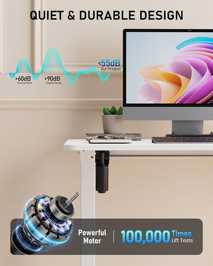 48" Electric Standing Desk Adjustable Height, Sit Stand up Desk for Home Office & Computer Workstation, 2 Memory Height Settings, Splice Board, 2 Hooks, White Frame/White Top
