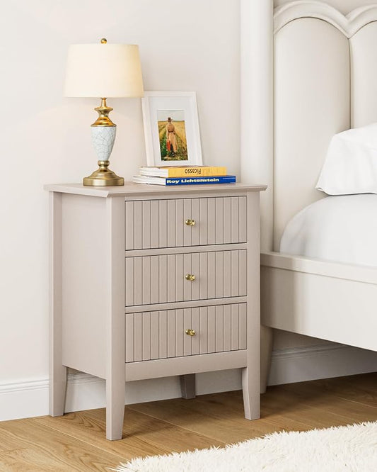 Night Stand, Fluted Nightstand Bedside Tall Farmhouse Nightstand with 3 Drawers, Mid Century Modern Side Accent Table,Bedside End Table for Bedroom, Living Room, Khaki
