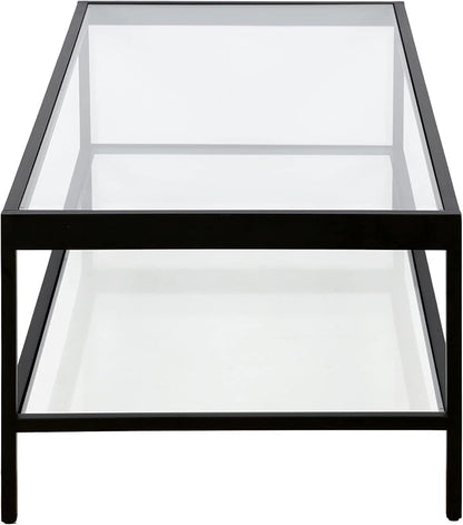 Henn&Hart 54" Wide Rectangular Rectangular Coffee Table in Blackened Bronze, Modern Rectangular Coffee Tables for living room, studio apartment essentials | Open lower shelf adds practical storage while the glass design keeps spaces feeling bright