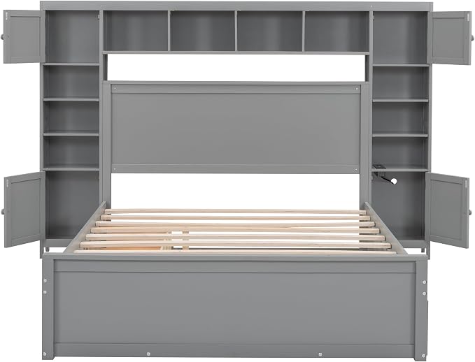 Merax Queen Size Wooden Bed with All-in-One Cabinet and Shelf, Gray Platform Bed Frame with 2 Drawers, Trundle and Sockets