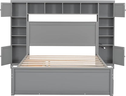 Merax Queen Size Wooden Bed with All-in-One Cabinet and Shelf, Gray Platform Bed Frame with 2 Drawers, Trundle and Sockets
