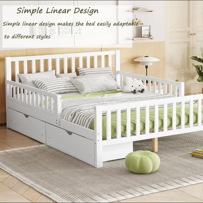 Kids Full Size Bed Frame with Storage Drawers, Wood Full Bed Frames for Kids, Full Bed Frame with Headboard and Footboard for Boys Girls, No Box Spring Needed,White