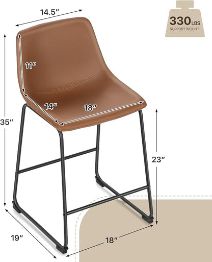 Athena Collection Bar stools Set of 2, 23 Inches Counter Height Bar Stools Chair with Back and Metal Legs, Modern Leather Barstools Set of 2 for Counter, Kitchen Island, Dining Room, Brown