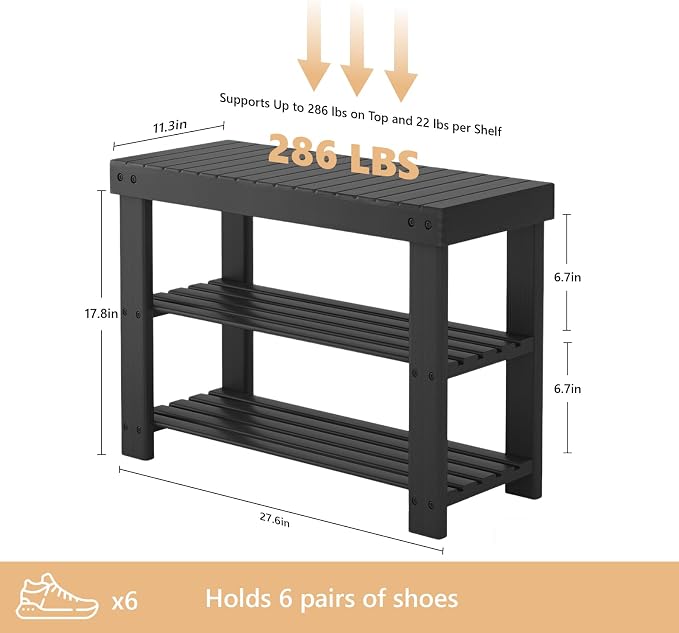Sweetcrispy 3-Tier Shoe Rack Bench for Entryway, 27 Inches, Black | Bamboo Shoe Storage Bench, Shoes Rack for Entrance, Bedroom, Living Room, Balcony, 6 Pairs, 286lb Capacity