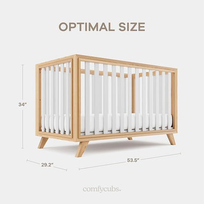 Comfy Cubs Baby Crib for 0 to 3 Years - Adjustable Mattress Height, Natural Wooden Crib for Baby, Elegant Nursery Furniture - 80 lbs Capacity Nursery Bed - White Bars with Natural Wood Frame and Legs