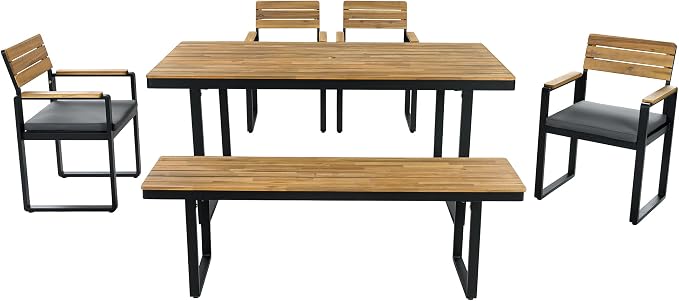 Quarte 6-Piece Outdoor Dining Set with 1 Acacia Wood Table and 4 Chairs & 1 Bench, Adjustable Feet for Patio, Garden, Backyard Family Meals BBQ Parties (Gray-AA)