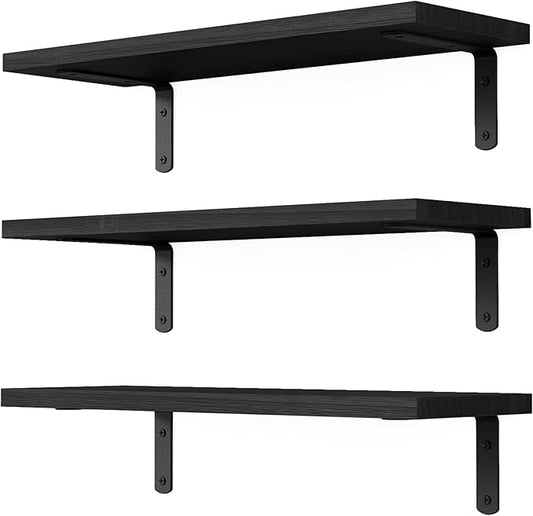 DOLLFIO Floating Shelves, 3 Sets Wall Wooden Shelves for Décor, Mounted Bathroom Shelf Storage, Book Wall, Bedroom, Living Room – Black, HM02