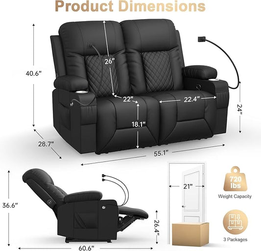 Loveseat Recliner Sofa, Home Theater Seating with Storage & Pocket, Reclining Loveseat Sofa with USB Ports & Phone Holders, Wall Hugger Recliner RV Couch Furniture