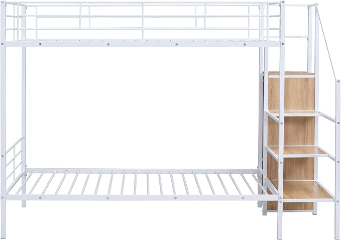 Bellemave Bunk Bed Twin Over Twin，Metal Bunk Bed with Storage Stairs and Wardrobe, Bunk beds for Adults/Kids/Teens, White