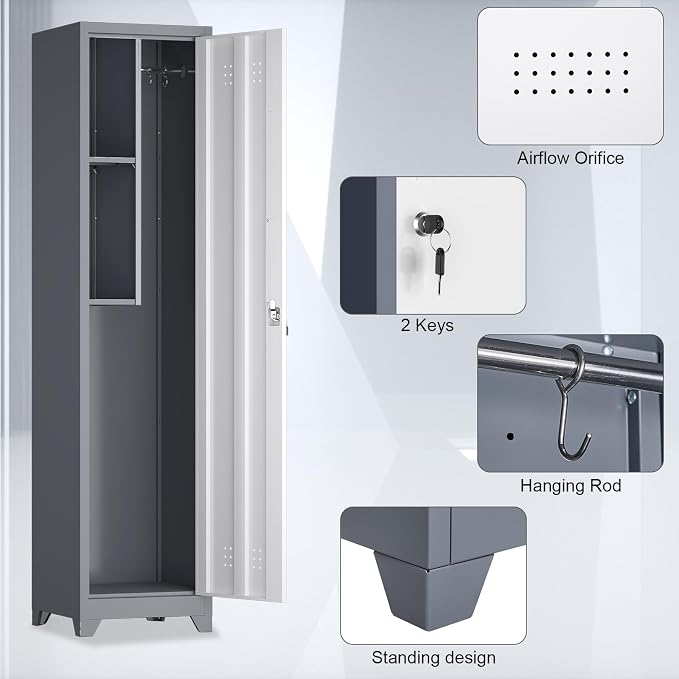65" H Slim Broom Storage Cabinets, Utility Cabinet for Brooms and Mops, Steel Cleaning Tool Cabinet with Hanging Rod & S-Hooks for Bathroom, Garage