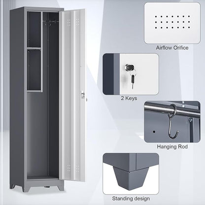 65" H Slim Broom Storage Cabinets, Utility Cabinet for Brooms and Mops, Steel Cleaning Tool Cabinet with Hanging Rod & S-Hooks for Bathroom, Garage