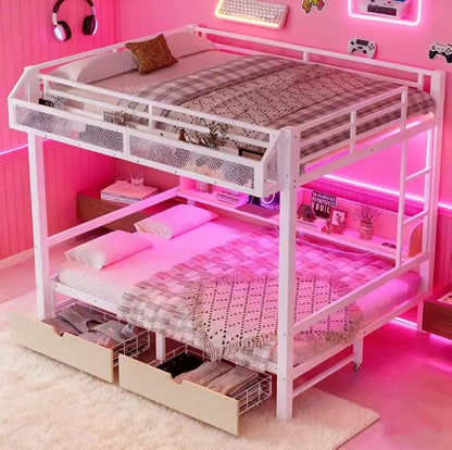 Bellemave Bunk Bed Queen Over Queen，Metal Bunk beds with Storage Shelves and Drawers USB Ports and LED Lights, Lower Bed That can be Converted into a Sofa, White