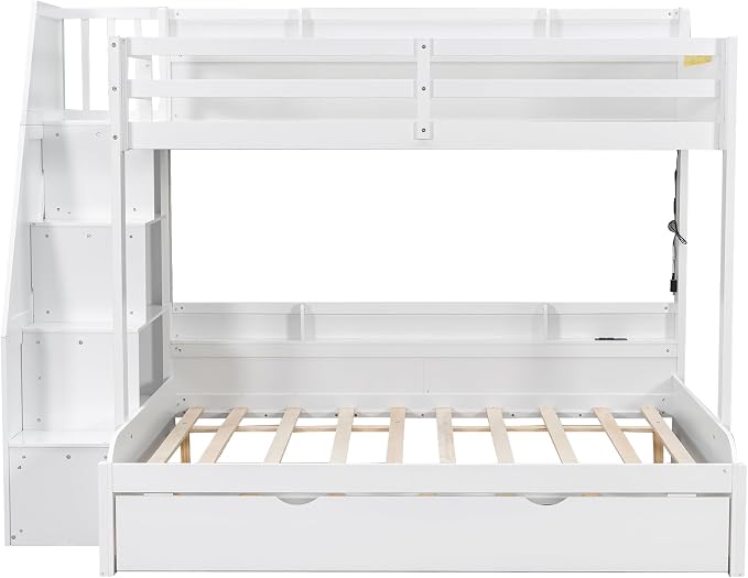 Twin Over Full Bunk Bed with Storage Staircase and Trundle,Storage Shelves, LED and USB,for Kids Teens Adults Bedroom Use (White-USB, Twin Over Full)
