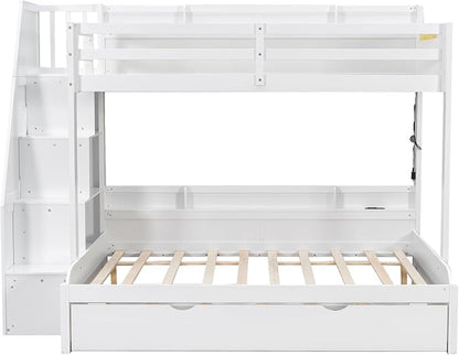 Twin Over Full Bunk Bed with Storage Staircase and Trundle,Storage Shelves, LED and USB,for Kids Teens Adults Bedroom Use (White-USB, Twin Over Full)