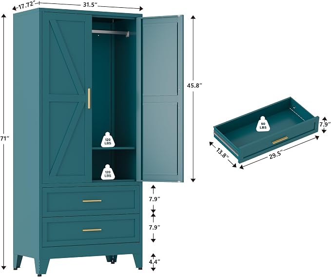 QINPTWUT 71" Tall Metal Wardrobe with Doors, Hanging Rod & Adjustable Shelf, Freestanding Steel Armoire for Bedroom Home Office, 2-Drawer Blue