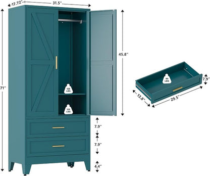QINPTWUT 71" Tall Metal Wardrobe with Doors, Hanging Rod & Adjustable Shelf, Freestanding Steel Armoire for Bedroom Home Office, 2-Drawer Blue