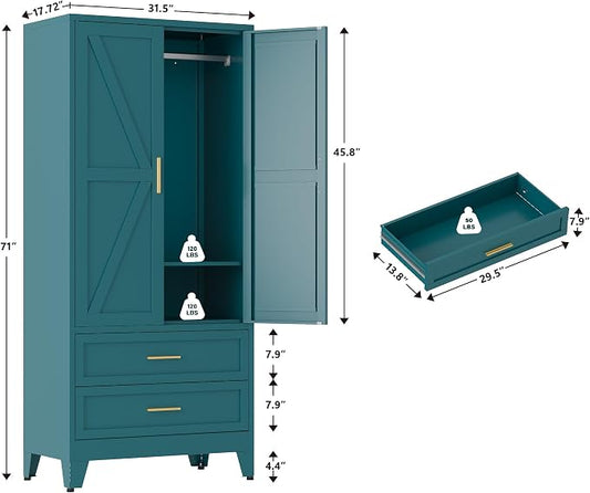 QINPTWUT 71" Tall Metal Wardrobe with Doors, Hanging Rod & Adjustable Shelf, Freestanding Steel Armoire for Bedroom Home Office, 2-Drawer Blue