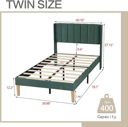 AGARTT Upholstered Platform Bed Frame Twin Size with Headboard and Footboard/Wooden Slats Support/No Box Spring Needed/Easy Assembly,Ink Green Velvet