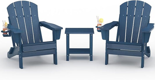 GarveeLife Folding Adirondack Chair Set of 2 with Side Table, All-Weather HDPE Outdoor Chair, Wooden Textured with Cup Holder for patios, Decks, Gardens, fire pits, Navy Blue