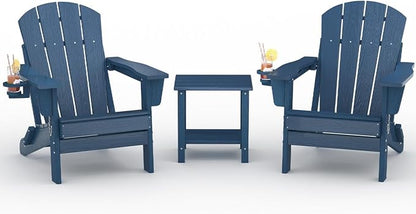 Garvee Folding Adirondack Chair Set of 2 with Side Table, HDPE Outdoor Patio Chair with Cup Holder, All Weather Resistent Wooden Textured for patios, Decks, Gardens, fire Pit, Navy Blue