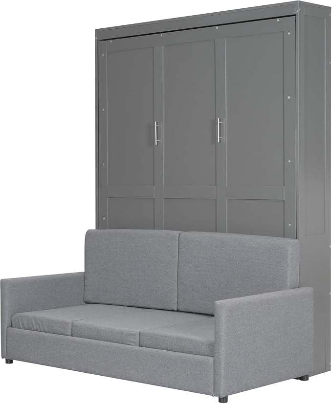 MERITLINE Queen Murphy Bed with Couch,Wood Murphy Bed Cabinet with Sofa,Folding Murphy Wall Bed Queen Size Grey Murphy Bed Cabinet