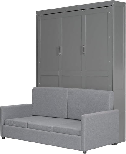 MERITLINE Queen Murphy Bed with Couch,Wood Murphy Bed Cabinet with Sofa,Folding Murphy Wall Bed Queen Size Grey Murphy Bed Cabinet