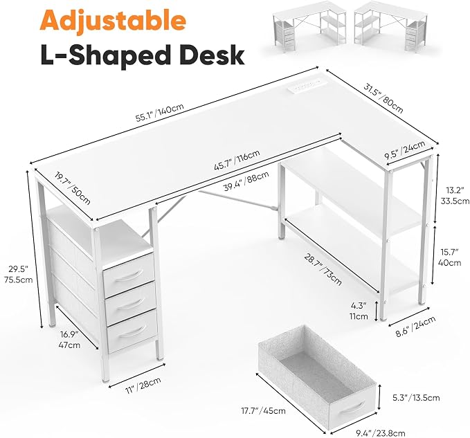 DUMOS L Shaped Desk with Shelf Drawers 55 Inch, White Corner Computer Desks Gaming with Power Outlet, Study Table with Adjustable Shelves, Home Office Tables for Bedroom Teacher Reading Writing
